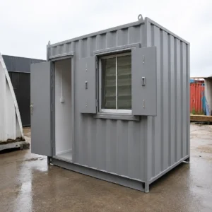 Grey portable site cabin with open door, security shutter window and steel frame in a wet industrial yard for sale in Australia.