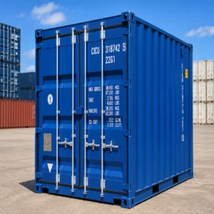 New 10ft shipping container in blue, unit 2, one-trip condition with lockbox for sale in Australia.