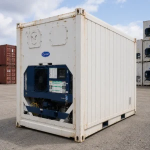 10ft used reefer container with Carrier refrigeration unit for sale - wind and watertight, white exterior, surface wear, available in Australia