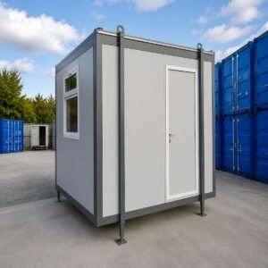 10ft x 10ft jackleg cabin in goosewing grey with door closed, sold in Australia