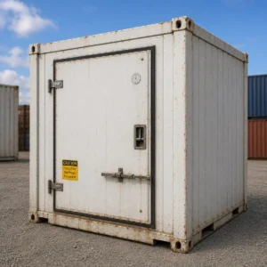 10ft non-operational cool room for sale - wind and watertight, insulated shell, dead motor, stainless steel interior, T-grid floor, available in Australia