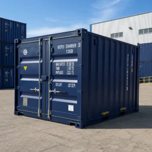 Buy 10ft shipping container in blue, unit 3, one-trip condition, three-quarter view in Australia.