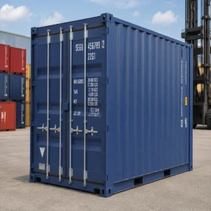 10ft one trip shipping container in dark blue with factory fitted lockbox for sale in Australia.