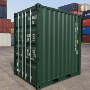 10ft farm storage container in dark green, one-trip condition, doors closed for sale in Australia.