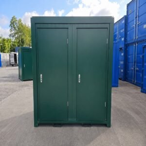 1+1 double mains toilet block, 8ft x 5ft in bottle green. Fully insulated steel unit with two WCs, two basins and extractor fan. Ships from Lowood