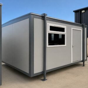 Plastisol jackleg cabin 12ft x 10ft in goosewing grey, second stock unit, door closed for sale in Australia.