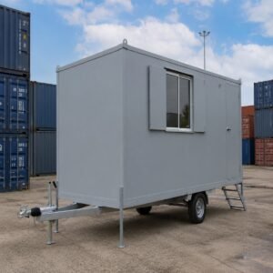 Towable canteen cabin 12ft x 7ft 6in on wheels, unit 2, goosewing grey steel for sale in Australia.
