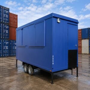 Mobile anti-vandal office cabin 12ft x 7ft 6in on single axle, steel shutters for sale in Australia.