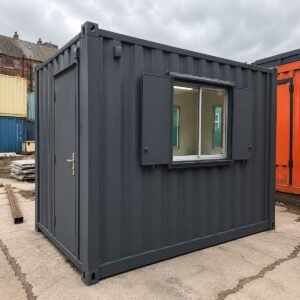 Steel canteen cabin 12ft x 8ft, unit 2, anti-vandal shell with window shutter