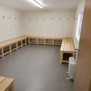 Drying benches and high-level fan heater inside site drying room unit 2 for sale in Australia.