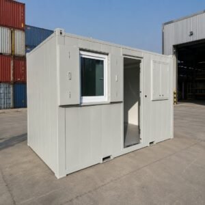 16ft site office cabin, unit 2, jackleg frame in goosewing grey with door open for sale in Australia.