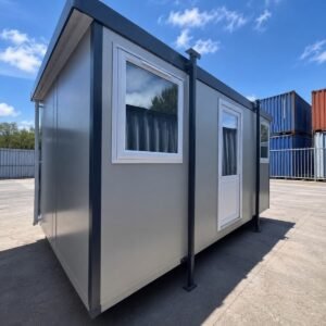 Wind-down jacklegs and steel door on 16ft site office cabin for sale in Australia.