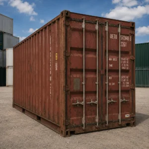 20ft used shipping container for sale - brick red, wind and watertight, stock ref 3022, Cor-Ten steel, marine ply floor, double doors, Lowood QLD, Australia