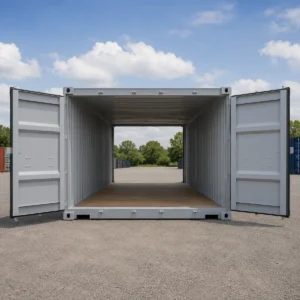20ft grey tunnel shipping container with double cargo doors at both ends, new one-trip condition and full drive-through access.