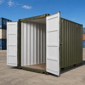 20ft High Cube one trip export container in olive green with end doors open delivered in Australia.