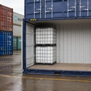 Sixteen 1000L IBC tanks loaded inside 20ft High Cube container for sale in Australia.