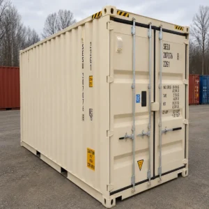20ft high cube one-trip shipping container for sale - cream exterior, 9.5ft tall, 14 vents, factory lockbox, coated floor, easy-open doors, Lowood QLD, Australia