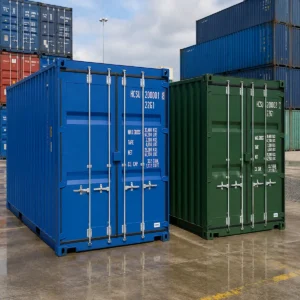 20ft new one-trip shipping container for sale in blue RAL 5013 and green RAL 6007 - CIMC build, 30,480kg gross, 33.2m³ capacity, available in Australia