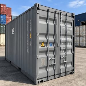 Grey 20ft one trip shipping container with double cargo doors and lockbox delivered in Australia.
