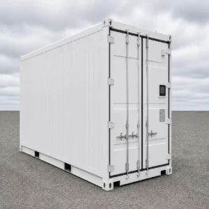 20ft refrigerated shipping container with closed double doors on a neutral gravel surface under an overcast sky. Clean white reefer container shown from a 3/4 front angle with integrated refrigeration unit, insulated steel construction, and professional commercial product photography style.