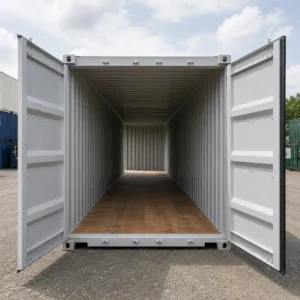 20ft used double door shipping container in grey with both doors fully open, wind and watertight storage container with timber floor.