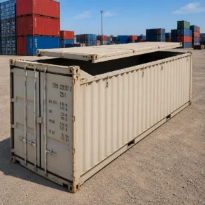 20ft used hardtop open top container for sale - removable steel roof panels, crane loading, lashing rings, double swing doors, wind and watertight, Australia