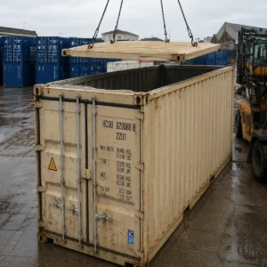 20ft used hardtop open top container for sale - removable steel roof panels, crane loading, lashing rings, double swing doors, wind and watertight, Australia
