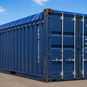 20ft used open top shipping container for sale in Australia featuring a removable blue tarpaulin roof for loading oversized cargo and heavy equipment.