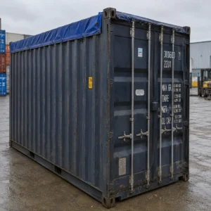 20ft used open top shipping container for sale - blue, wind and watertight, removable bows, tarpaulin, swing-out door header, lashing rings, Australia