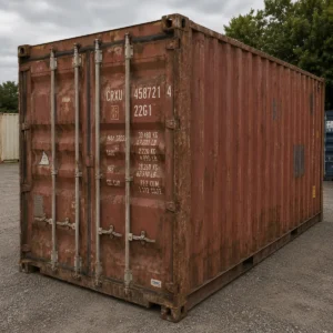 20ft used shipping container for sale - brick red, wind and watertight, stock ref 2452, Cor-Ten steel, marine ply floor, lockable double doors, QLD depot, Australia