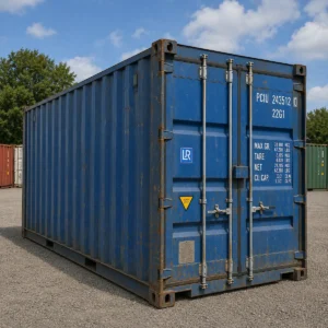 Blue 20ft used shipping container with double cargo doors and lockbox, stock 3030