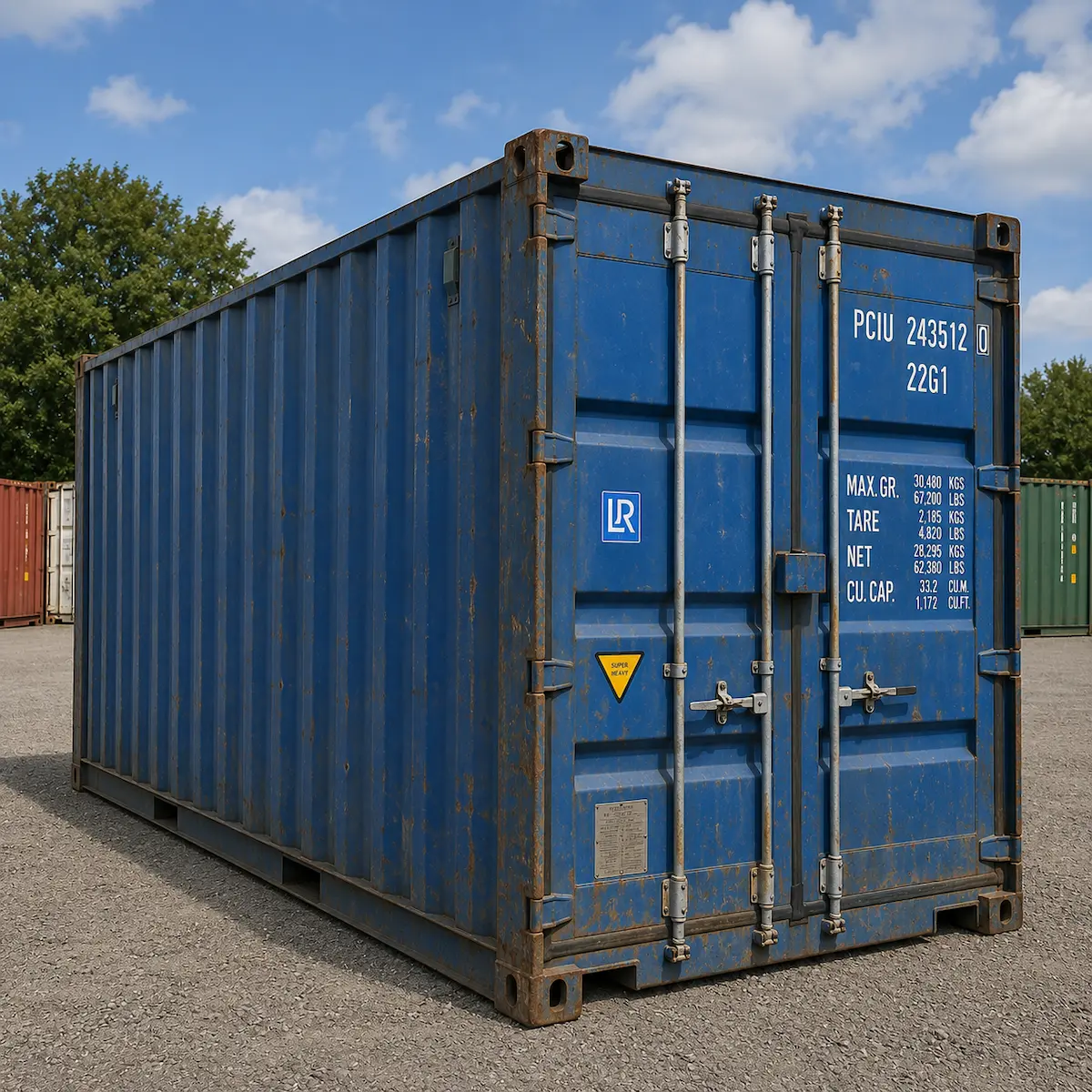 Blue 20ft used shipping container with double cargo doors and lockbox, stock 3030