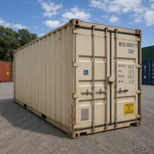 Beige 20ft used shipping container with double cargo doors and lockbox, stock 3026
