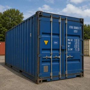 Blue 20ft used shipping container with double cargo doors and lockbox, stock 3028
