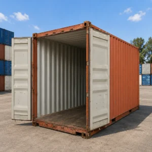 Brick red 20ft used shipping container, wind and watertight, doors closed
