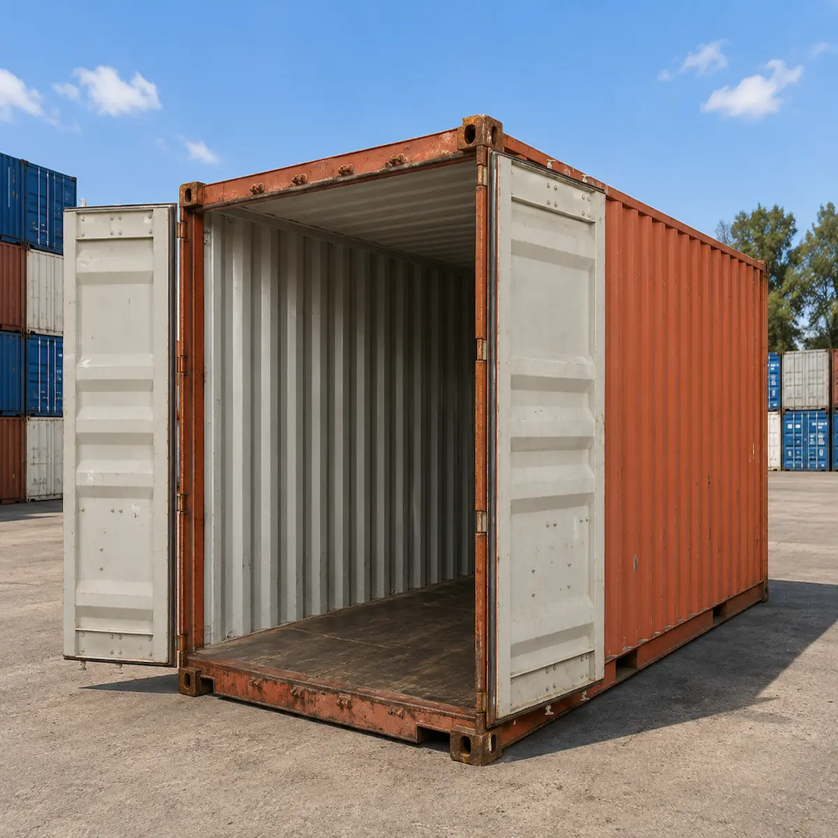 Brick red 20ft used shipping container, wind and watertight, doors closed