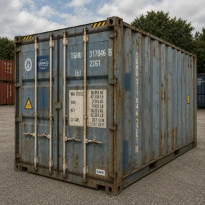 20ft used wind and watertight shipping container for sale - blue, stock ref 3016, Cor-Ten steel, 28mm marine ply floor, lockbox fitted, QLD depot, Australia