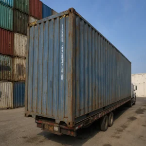 20ft used wind and watertight shipping container for sale - blue, stock ref 3018, Cor-Ten steel, 28mm marine ply floor, factory lockbox, QLD depot, Australia