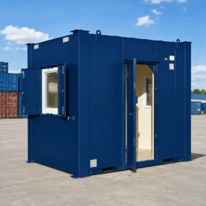 Blue security gatehouse RAL 5013 — three window anti-vandal cabin
