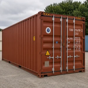 40ft new one-trip high cube shipping container for sale - red brown, 2021 build, Cor-Ten steel, marine ply floor, lockable double doors, dispatched from QLD, Australia