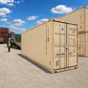 40ft new one-trip standard shipping container for sale - direct ship, beige, steel cargo doors, one-trip quality floor, 67.7m3, Lowood QLD, Australia
