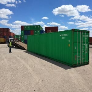 40ft high cube wind and watertight shipping container direct ship for sale - weathered teal exterior, surface rust, 76.2m3, 9'6 height, Lowood QLD, Australia