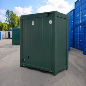 Site toilet block 8ft x 5ft in bottle green RAL 6007, rear view of steel shell for sale in Australia.