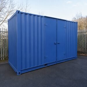12ft x 8ft steel store cabin with anti-vandal doors closed, stackable corner posts for sale in Australia.