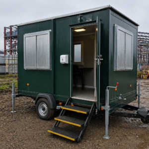 12ft mobile canteen unit on construction site with door open