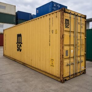 45ft used wind and watertight high cube shipping container for sale - yellow P&O Ferrymasters, stock ref 3501, 9'6 height, 86m3 internal volume, Lowood QLD, Australia