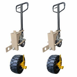 Heavy-duty container moving kit with transport dolly handles and pneumatic wheels designed for moving shipping containers safely and efficiently.