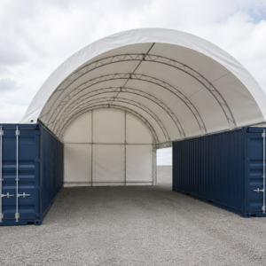 20x20ft container dome shelter 6m x 6m with back wall - galvanised steel arch frame, PVC cover, semi-permanent end wall, mounts to shipping container top rail, Australia