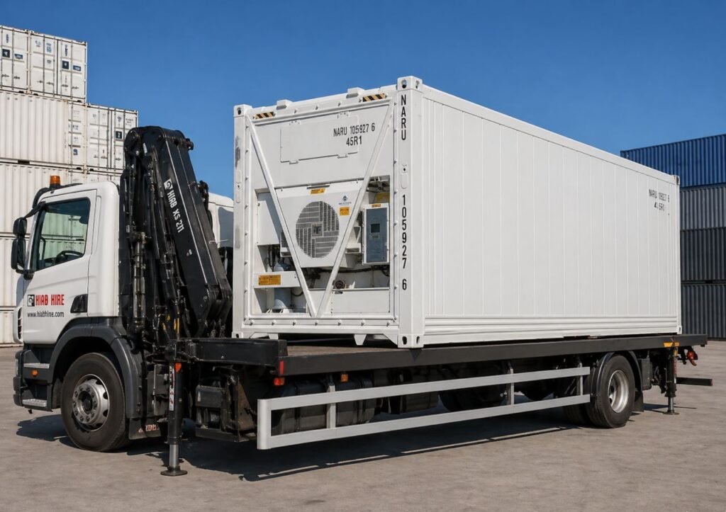 40ft refrigerated shipping container loaded onto a crane truck for delivery in an Australian container yard