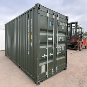 New 20ft low height shipping container in dark green, 8ft external height delivered in Australia.